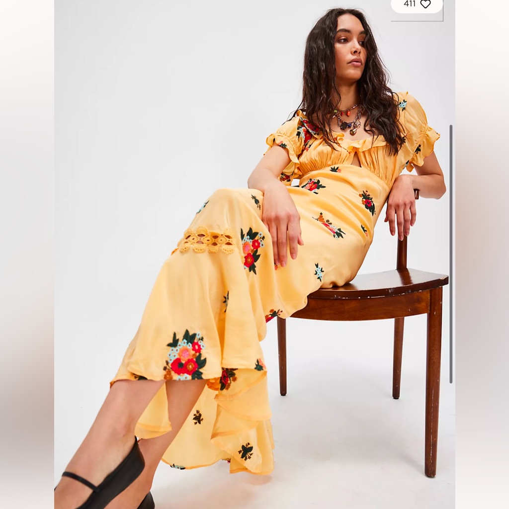 Free People Bali Santa Cruz Floral Embroidered Puff Sleeve Maxi Dress